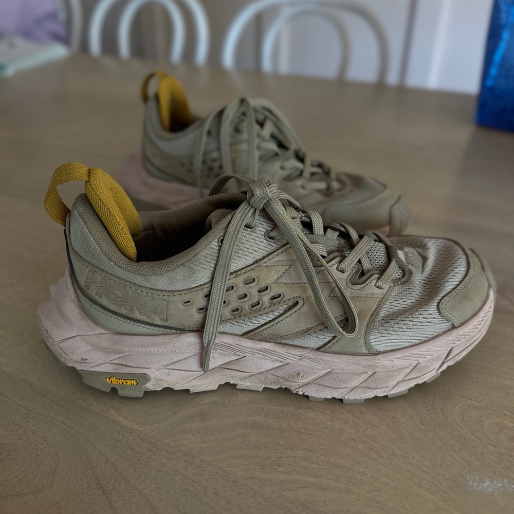 HOKA Beige Sneakers with Pink Accents
